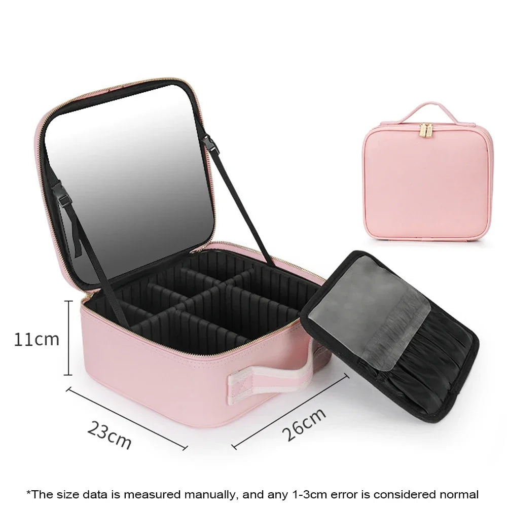LED Lighted Cosmetic Case with Mirror - PU Leather Portable Travel Makeup Bag - Waterproof Makeup Storage