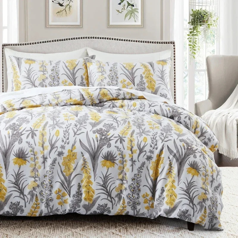 Grey Feather Duvet Cover Set – Full/Queen Boho Bedding with Soft Reversible White Comforter Cover for Kids & Teens