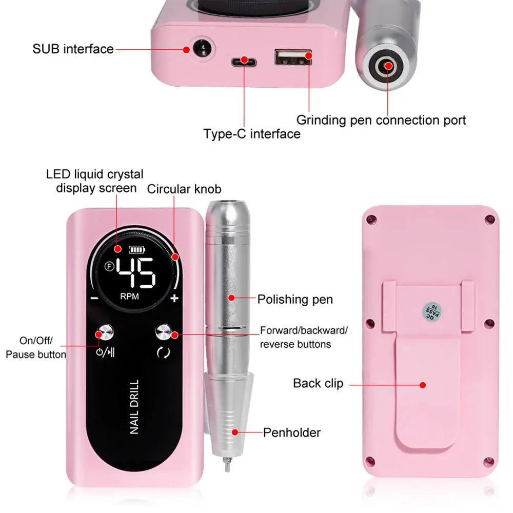Effortless Precision: Original 45000RPM Rechargeable Nail Drill Machine with LCD - Low Noise Professional Nail Polish Sander, Complete Nails Accessories Set