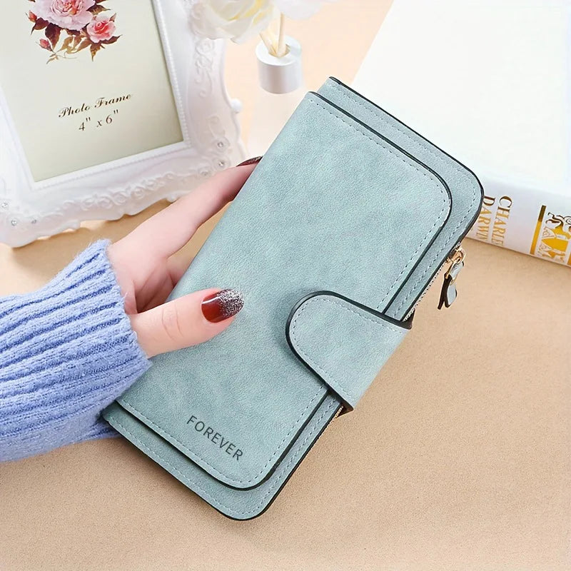 Women’s Korean Style Three-Fold Wallet – Multi-Card Buckle Purse with Frosted Two-Tone Fabric