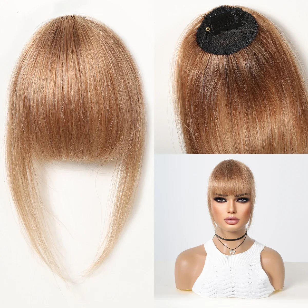 100% Human Hair Clip-In Bangs - Natural Brown Wispy Fringe with Temples, 4.5in Air Bang Hairpiece for Women
