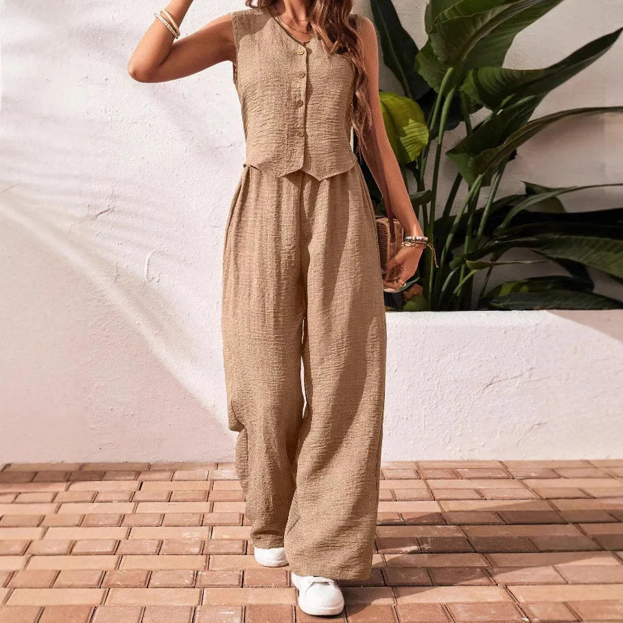 Women’s Summer Cotton Linen Two-Piece Set 2025 – V-Neck Button Vest Top & Casual Trousers Suit Shorts Pants Outfit Set