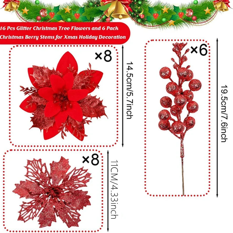 22PCS Christmas Decoration Set – Artificial Flowers & Berry Bouquet Ornaments for Tree, Home Decor, and Holiday Gifts
