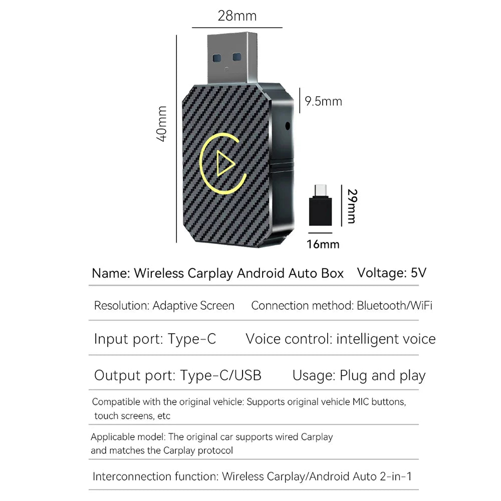 NEW 2 in 1 Mini AI Box - Wireless CarPlay and Android Auto Adapter, Wired to Wireless for Audi, Toyota, VW, Peugeot, Plug and Play