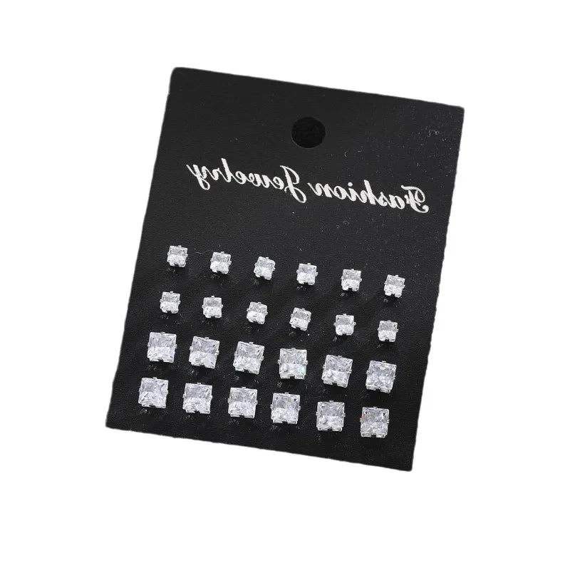 12 Pairs Square Zircon Earrings Set for Men & Women – Fashionable Simple Daily Wear Jewelry Collection, Elegant Gift Accessory Set