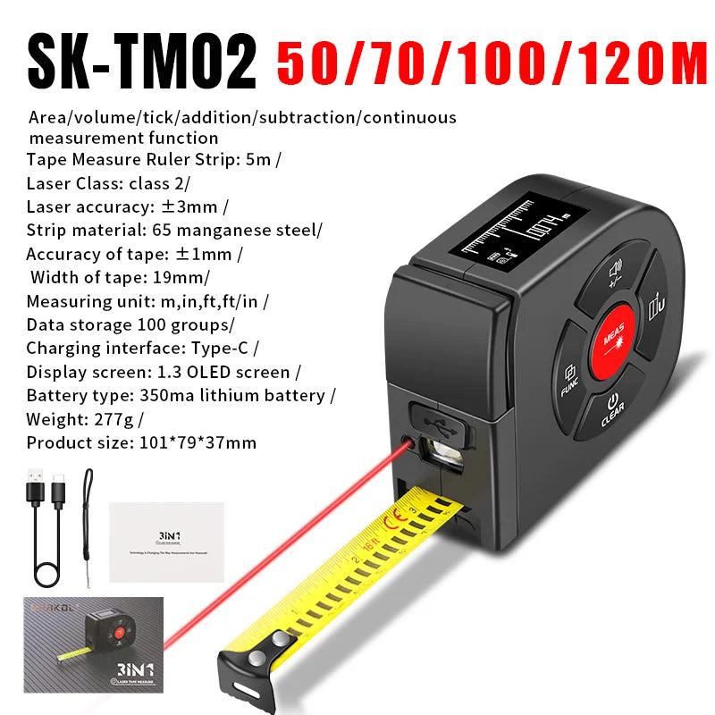 3-in-1 120M Laser Rangefinder Tape Measure – LCD Backlight Digital Distance Meter Ruler for Construction & Building Measurement