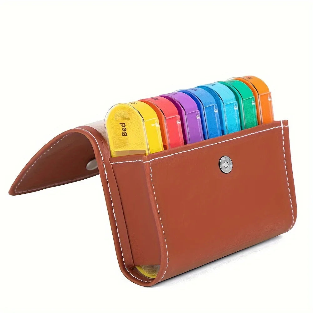 Weekly Pill Organizer Box – Travel Medication Reminder with AM/PM Compartments in Leather Carrying Case