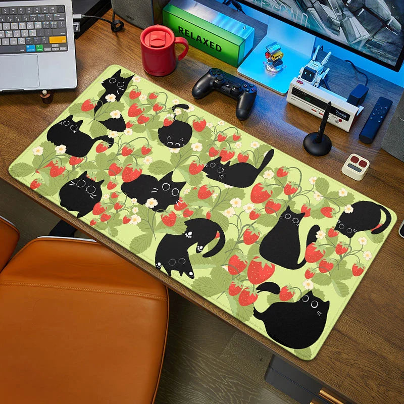 Black Cat XXL Mouse Pad 90x40 — Large Kawaii Black & White Desk Mat for Computer and Office