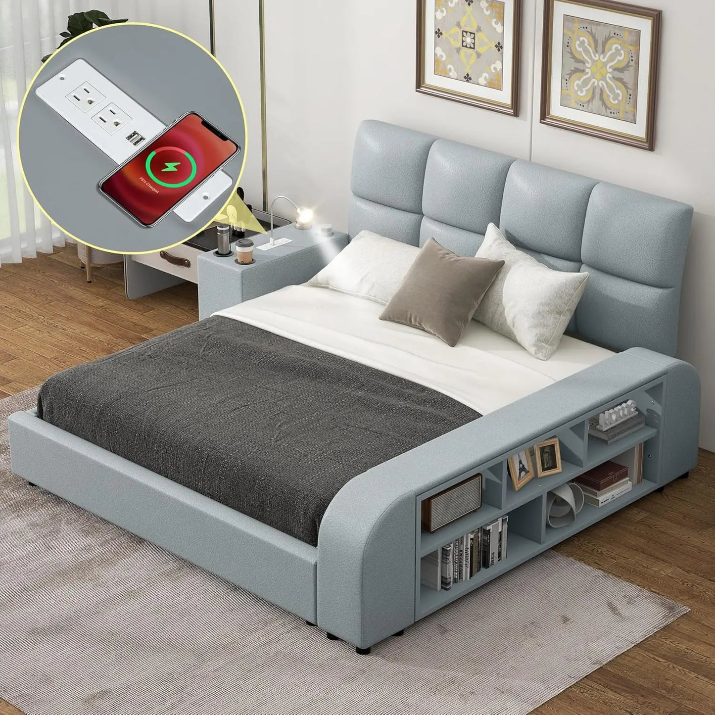Queen Size Smart Upholstered Bed Frame – White Faux Leather Platform with Storage Shelves, Headboard & Multimedia Nightstand