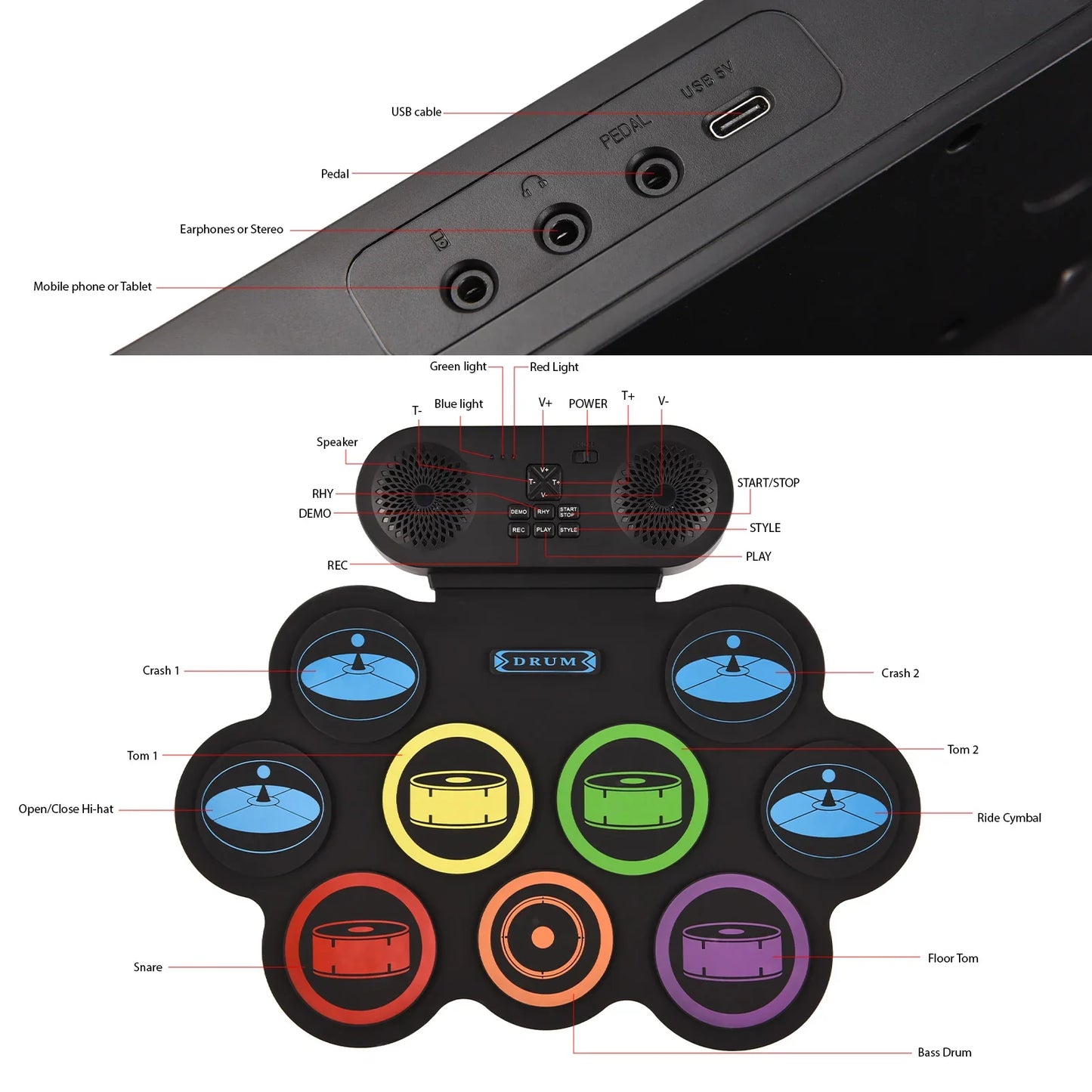 9 Pad Electronic Roll Drum Set - Portable DTX Gaming Drum Kit with Bluetooth Dual Speakers, 7 Styles, 6 Rhythms & Demo Songs