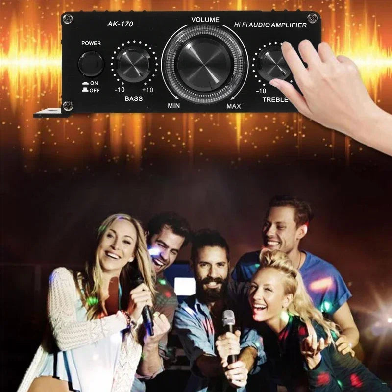 AK170 Mini Digital Power Amplifier – 200Wx2 Stereo Audio Amplifier with Blue Light for Home Theater & Party Music