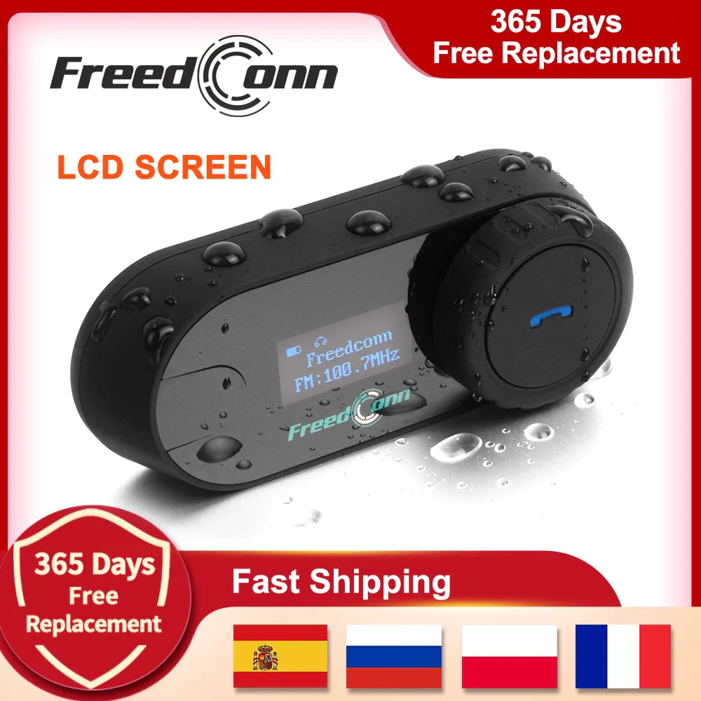 FreedConn Bluetooth Motorcycle Intercom Helmet Headset - Wireless Motorbike Interphone with LCD Screen & FM Earphone