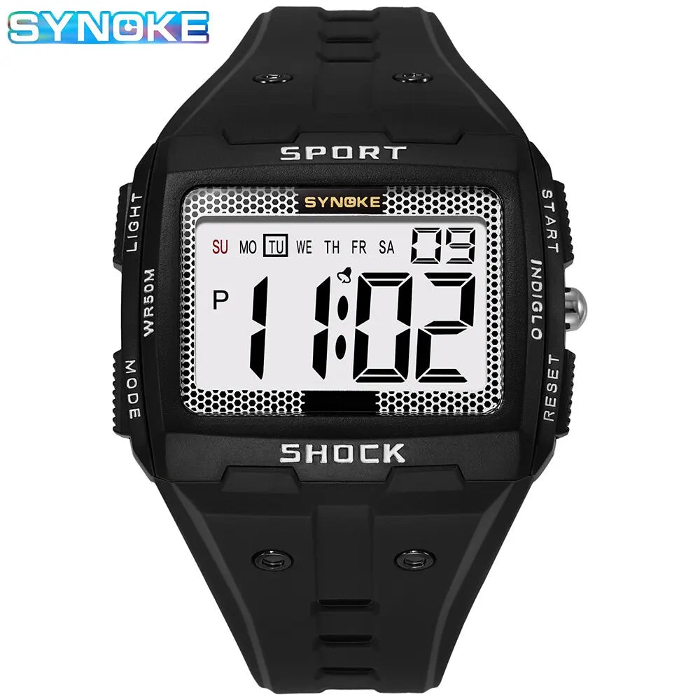 SYNOKE Men’s Sports Electronic Watch – Waterproof Night Glow Large Screen Square Outdoor Running & Camping Watch