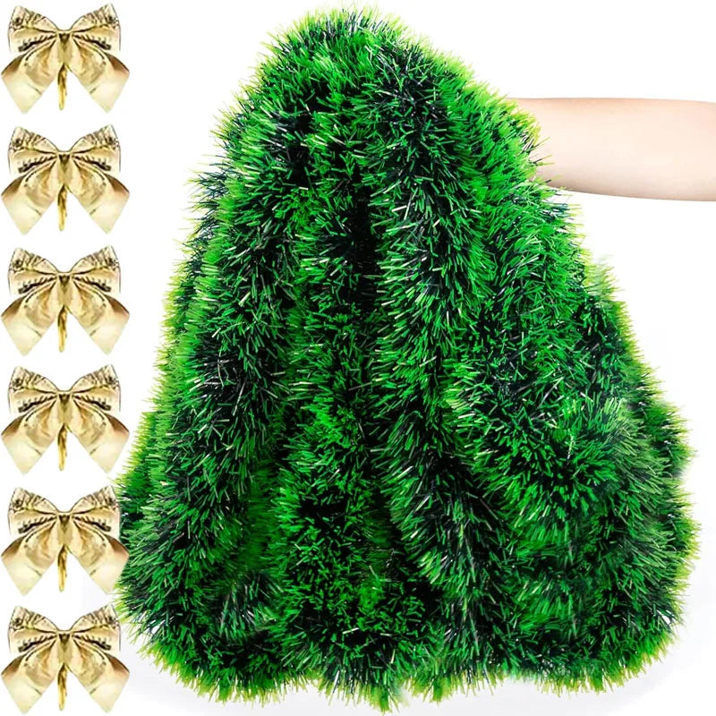 Christmas Bow Tinsel Ribbon Garland – Green Ribbon for Tree, Wreath & Holiday Decor