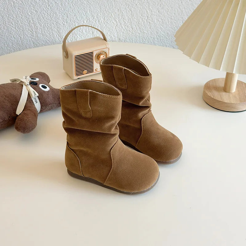 Children’s Leather Cowboy Boots – Girls Retro 2025 Autumn/Winter Warm Outdoor Anti-Slip Short Flats