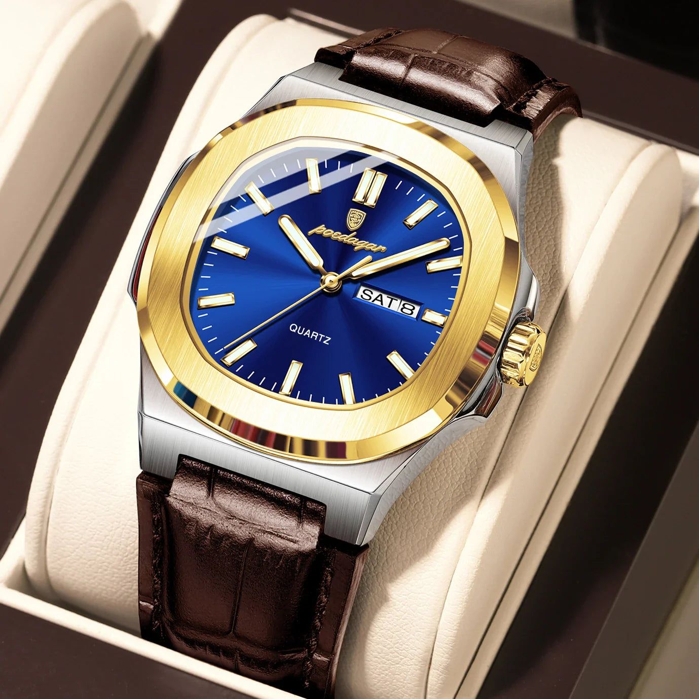 POEDAGAR Luxury Men’s Square Quartz Watch – Luminous Waterproof Leather Strap with Week Calendar