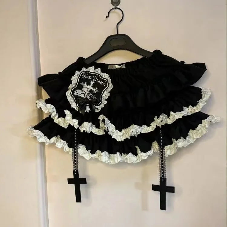 Y2K Gothic Ruffle Skirt - Black & White Polka Dot Punk Lolita Mini Skirt