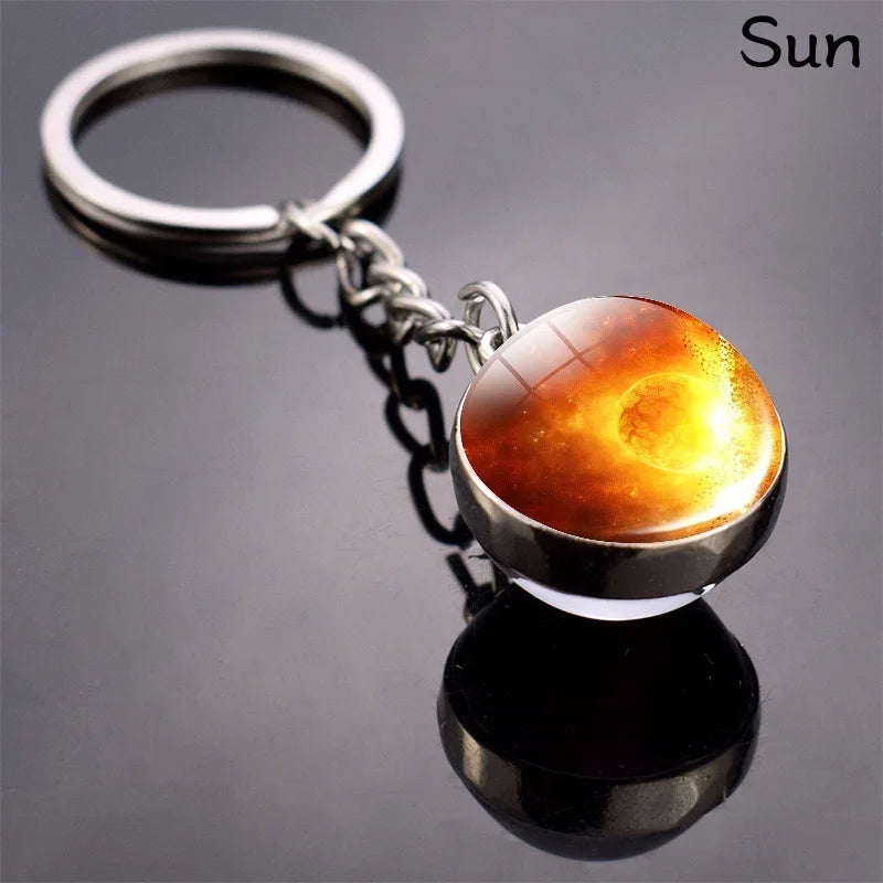 Solar System Planet Keyring — Double-Sided Glass Ball Space Keychain with Moon, Earth, Sun, Mars Galaxy Nebula Art for Car