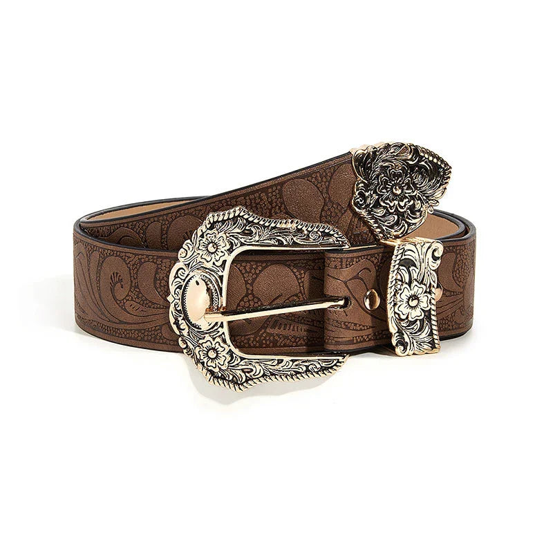 Western Brown PU Leather Vintage Belt for Women — Cowgirl Waist Belt with Metal Carved Buckle, 3-Set Designer Belts for Jeans