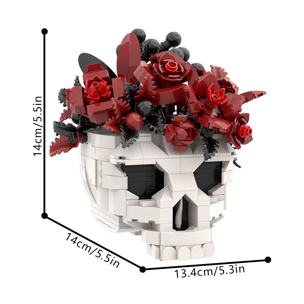 MOC Skull & Roses Bouquet Building Blocks — Gothic Crow Flower Pot DIY Toy for Kids & Gifts