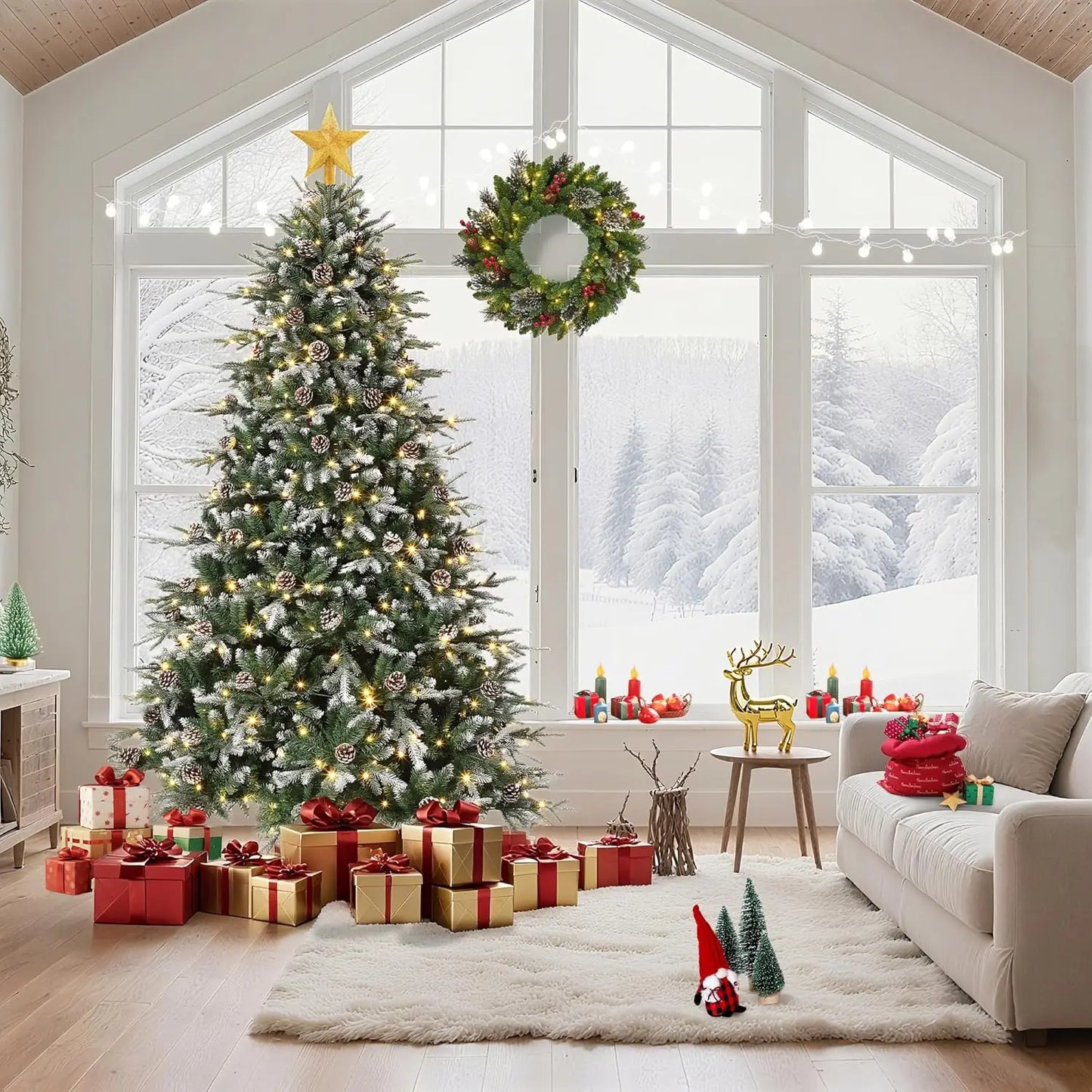 Pre-Lit Snow Flocked Christmas Tree with LED Lights & Pine Cones — 6ft/7.5ft/9ft Artificial Holiday Tree for Home Decor