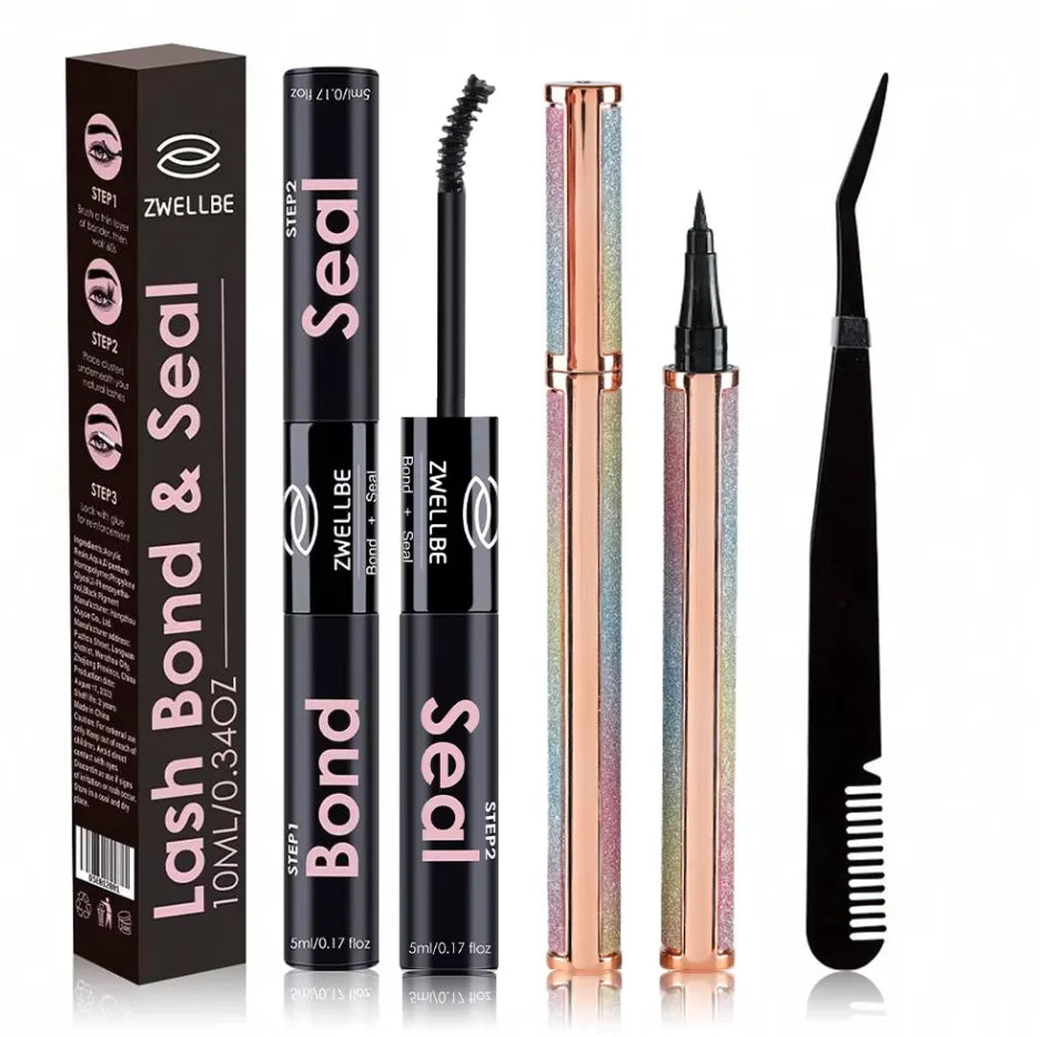 Lash Bond, Seal, and Remover Kit – Waterproof Cluster Eyelash Glue, Strong Hold, Fast Removal for DIY Extensions