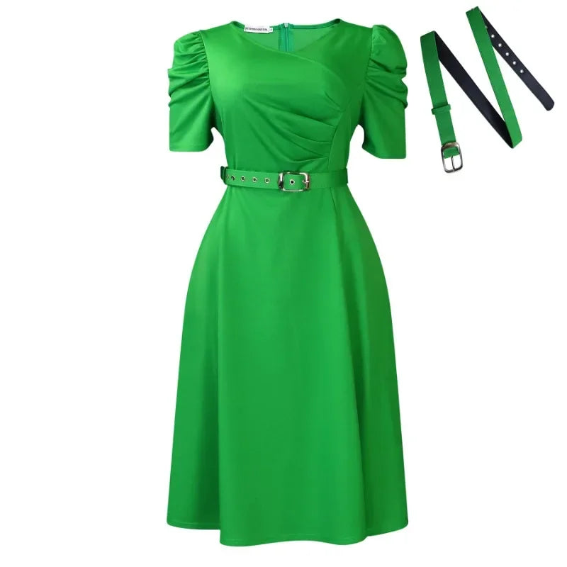 Women's Pleated A-Line Dress - Elegant V-Neck Short Sleeve Office & Church Wear