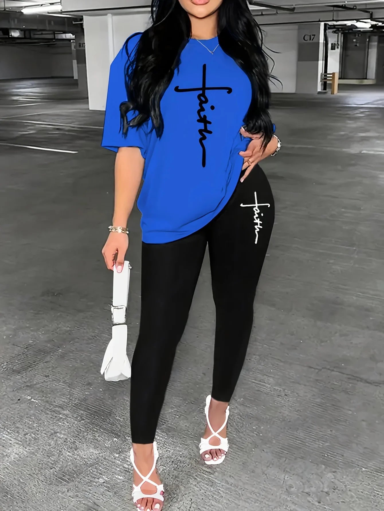 Women’s Plus Size Sports Outfit Set – Abstract Print Long Sleeve T-Shirt Top & Stretch Comfy Fitness Pants Set