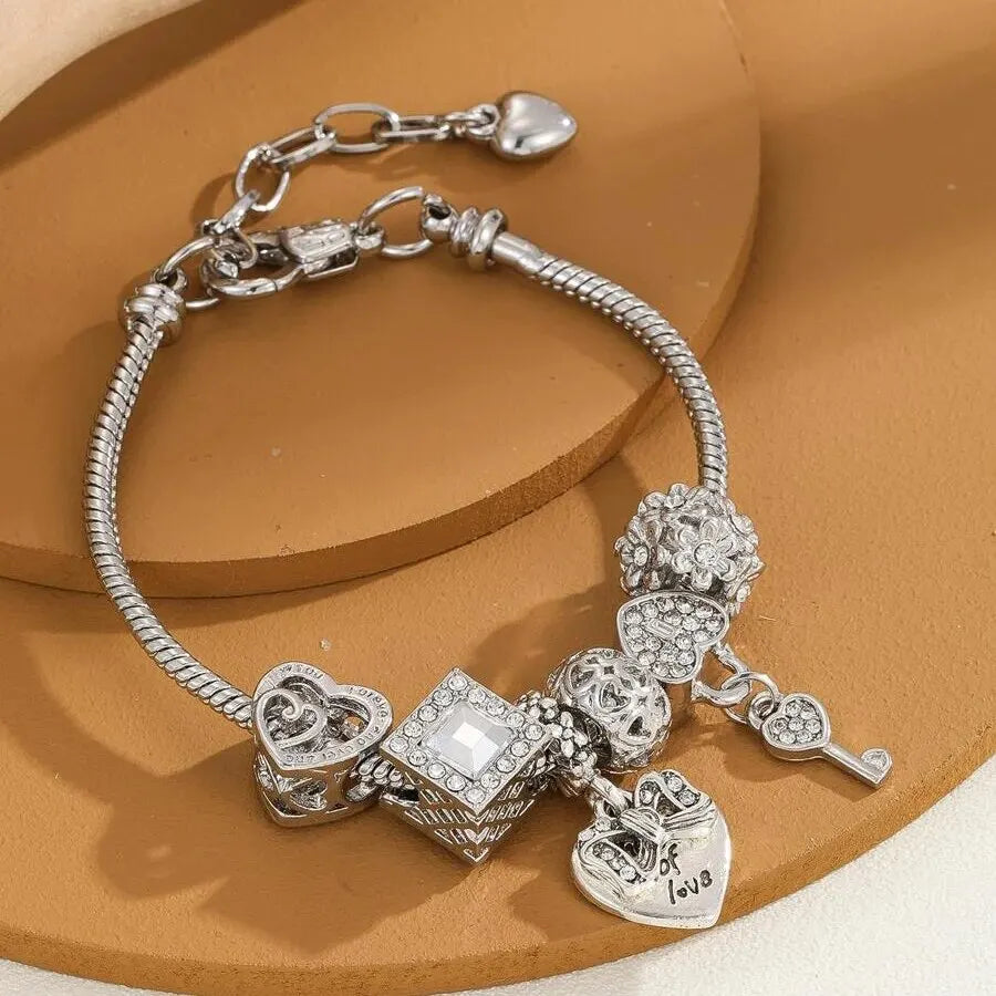 Obega Love Heart Flower Glass Pendant Charm Bracelet – Adjustable Pink & White Crystal Stone Bead Bracelet in Silver/Gold