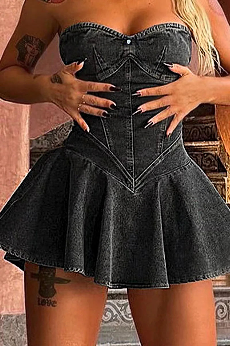 Sexy Chest Wrap Mini Dress – Women’s Sleeveless, Backless, Strapless Slim Fit A-Line Denim Dress 2024