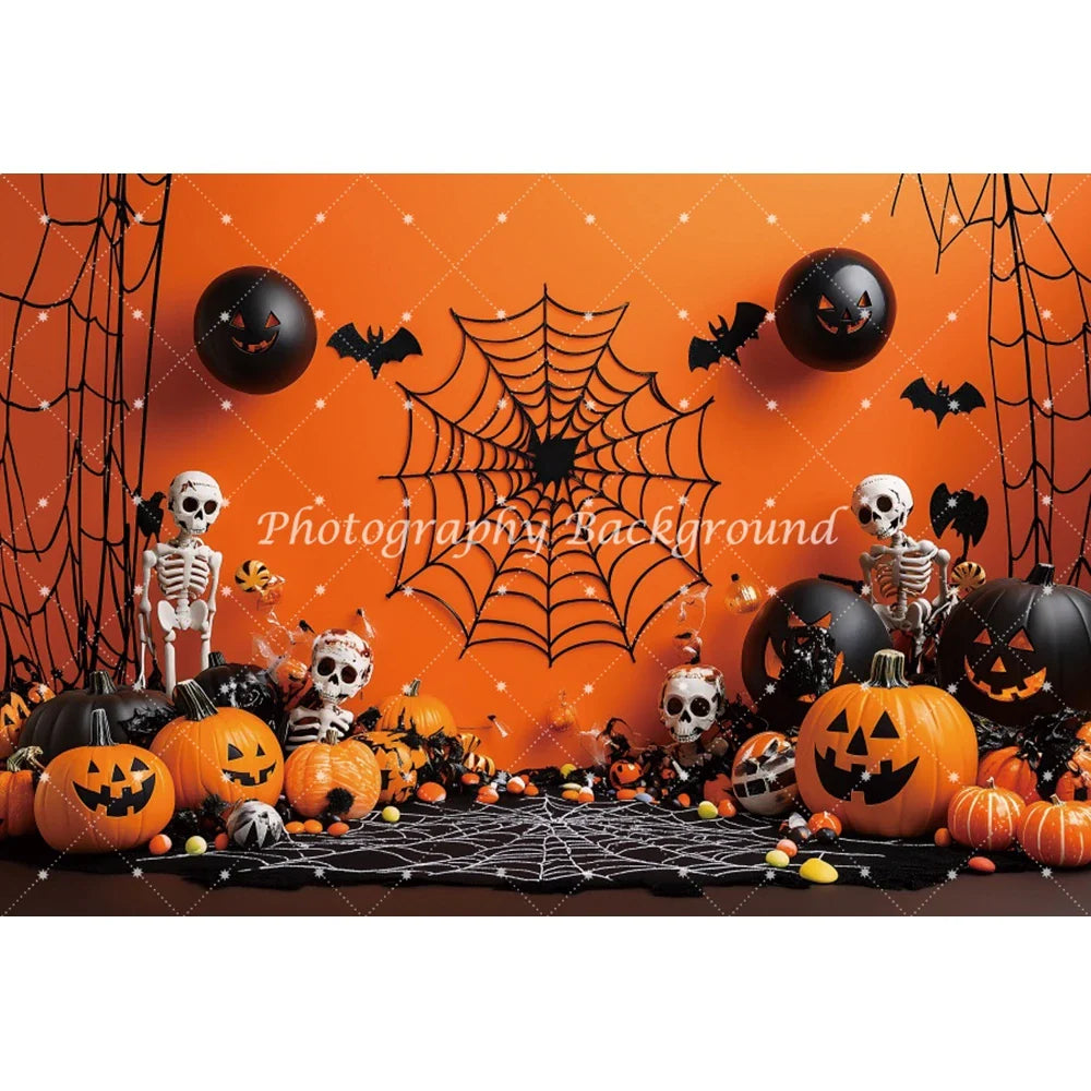 Halloween Orange Pumpkin Skull Spider Web Bat Backdrop – Spooky Photo Background Decoration