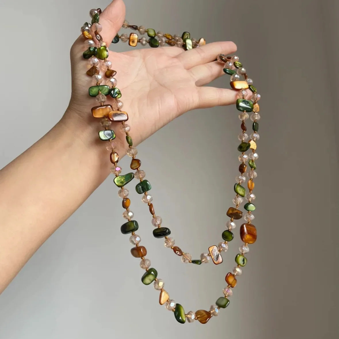 Bohemian Natural Stone Necklace - Handmade Double Layer Crystal Bead Long Chain Jewelry Gift for Women