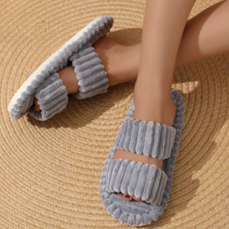 Women’s Corduroy Fuzzy Home Slippers – Lightweight Open Toe Non-Slip Plush Indoor Floor Slides for Autumn & Winter