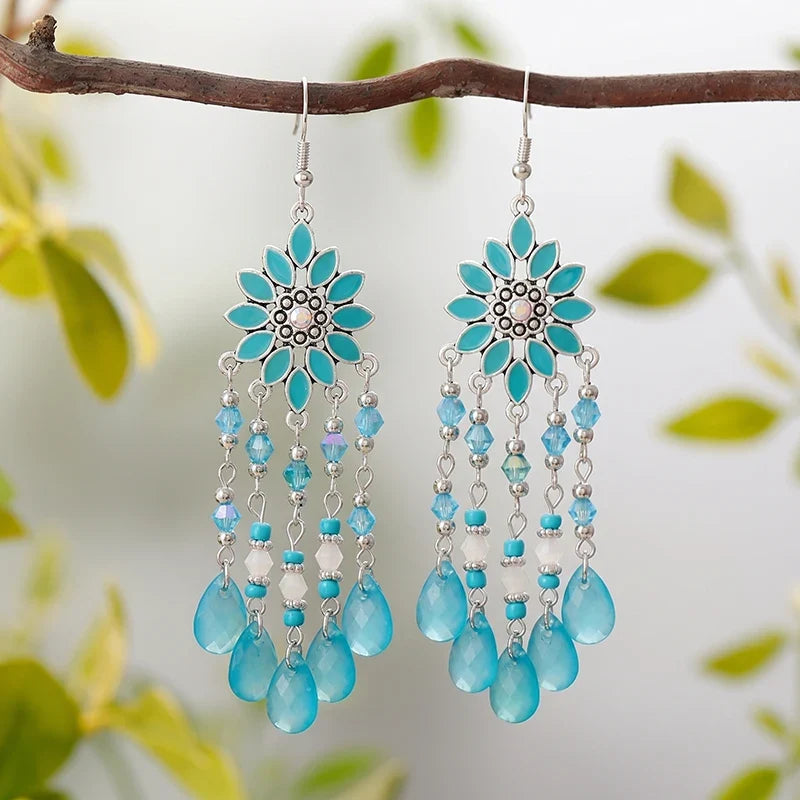 Bohemian Acrylic Water Drop Earrings - Crystal Bead Long Dangle Vacation Jewelry for Women