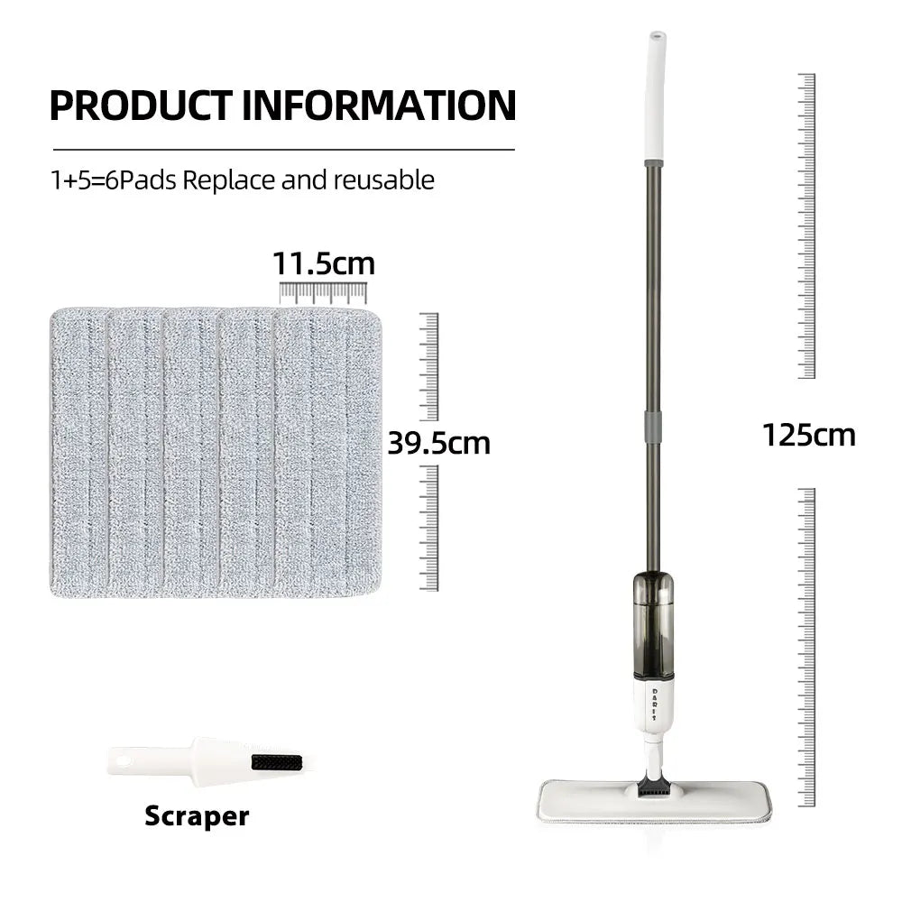 DARIS 360° Spray Flat Mop — Reusable Microfiber Pads with 500ML Large Capacity Square Triangle Bottle