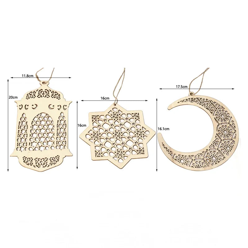 3Pcs Eid Mubarak Wooden Hanging Star Moon Pendants - DIY Ornament for Ramadan Kareem Home Decor and Gifts