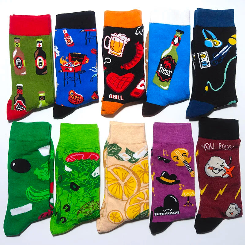 10-Pair Big Size Crew Socks Pack - 38 Style Funny Rhombus Casual Fashion Socks for Men