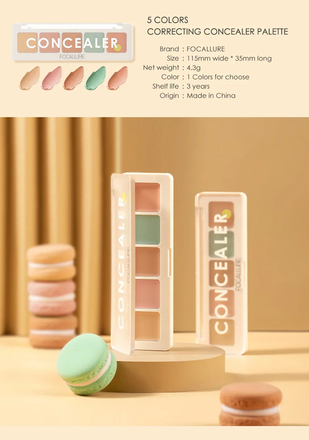 FOCALLURE 5-Color Face Concealer Palette – Waterproof, Moisturizing, Oil-Control Contour & Brightening Makeup Primer