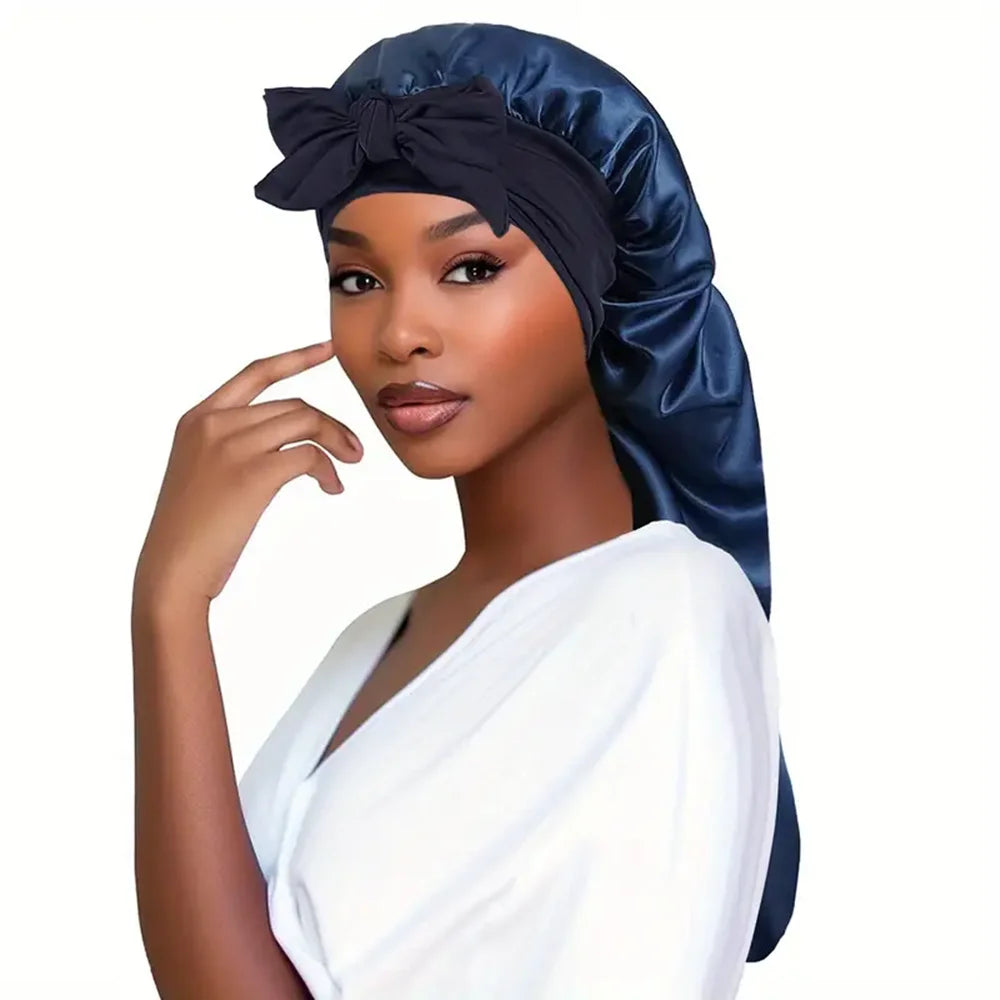 Bowknot Braid Bonnet - Unscented Satin Sleep Cap with Elastic Band and Long Tie, Breathable Night Hair Bonnet for Women