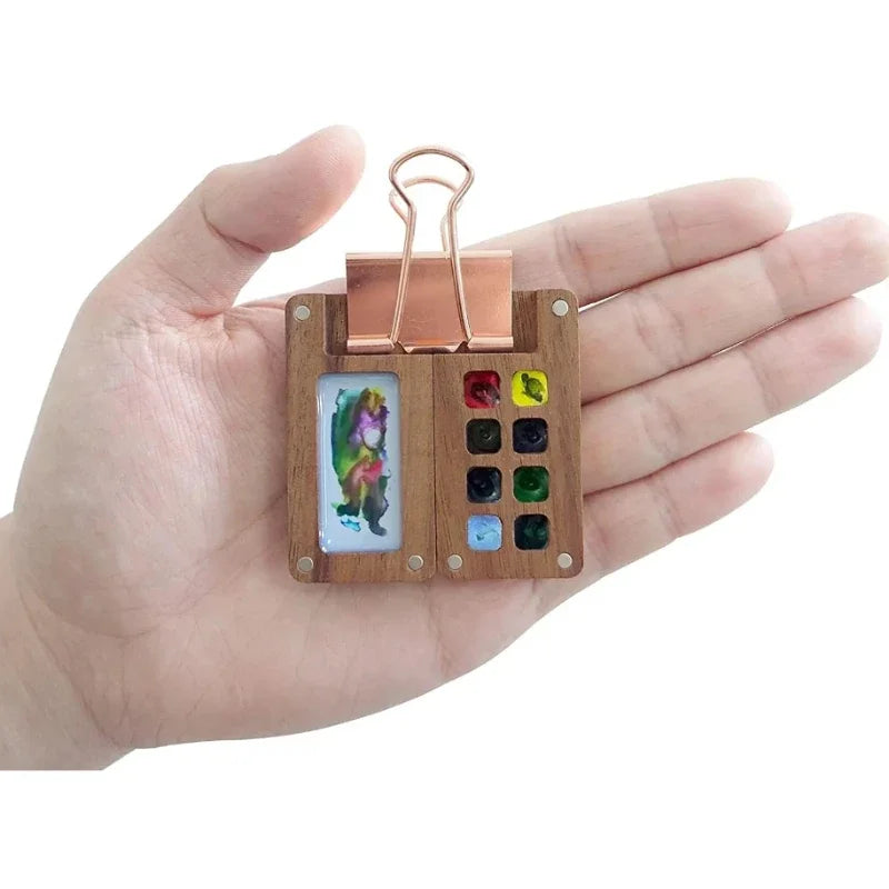 Portable Travel Wooden Handmade 8-Grid 0.5ml Watercolor Paint Palette: Mini Black Walnut Oil Paints Tray Box - Empty Box