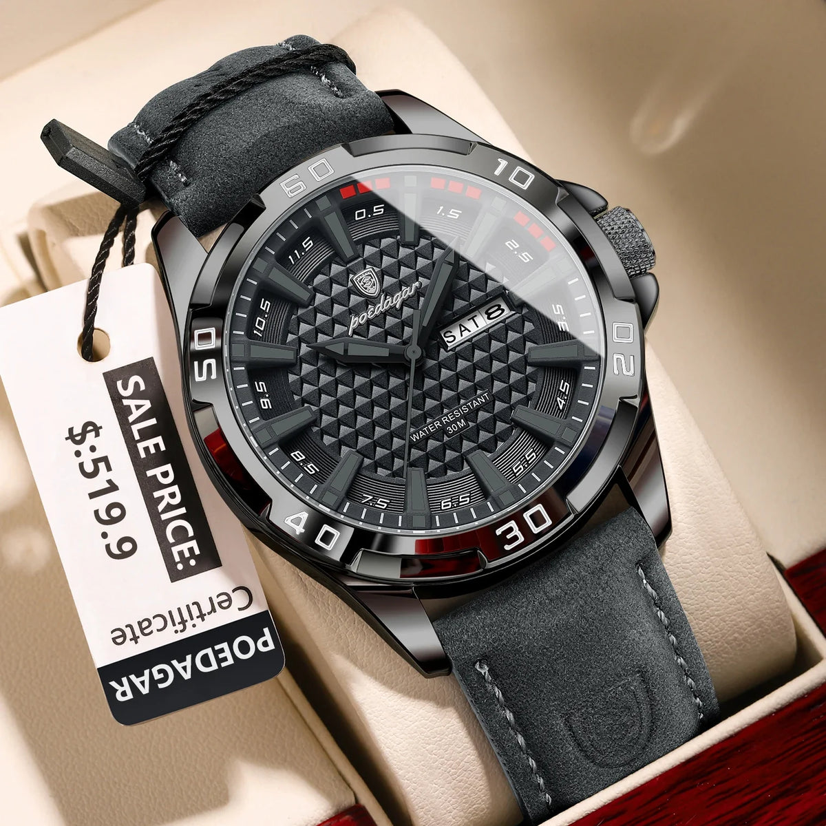 POEDAGAR Men’s Luxury Wristwatch – Waterproof Quartz Sport Watch with Luminous Hands, Date & Week Display, Leather Strap