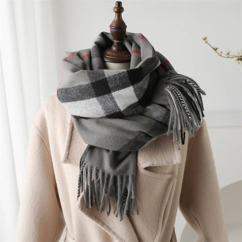 Luxury Brand Winter Plaid Cashmere-Like Blanket Scarf - Thick Warm Pashmina Shawl Wrap with Tassels, Poncho Stoles Echarpe
