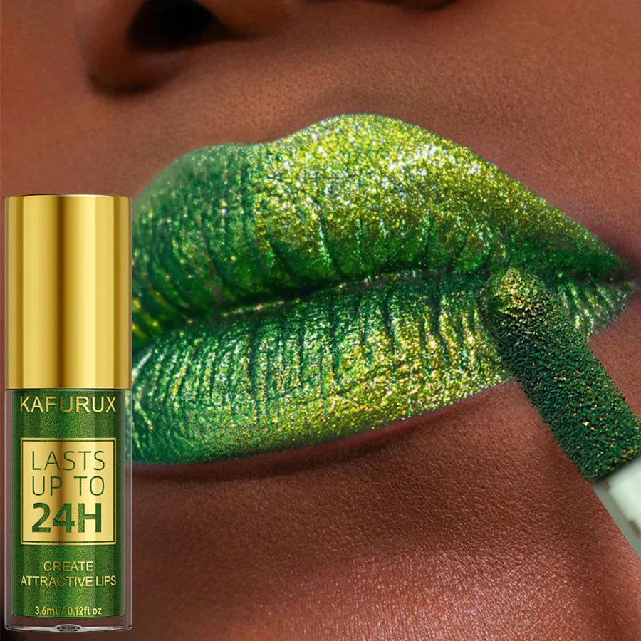 Green Glitter Lip Glaze – Waterproof, Long-Lasting Metallic Lip Gloss with Bold Pearlescent Tint Makeup