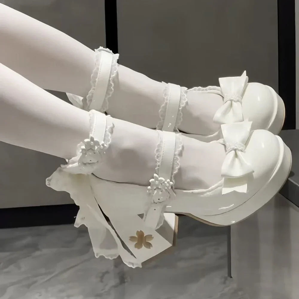 Lolita Butterfly Knot High Heels – Cute Platform Mary Jane Shoes for Girls, Students & Sakura Wedding Dress