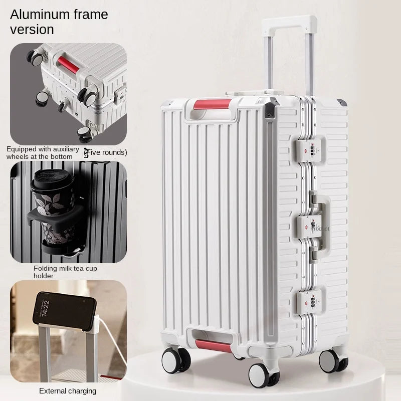 30-Inch Five-Wheel Aluminum Frame Suitcase — Multifunctional Cabin Luggage with Password Lock, USB Port & Cup Holder