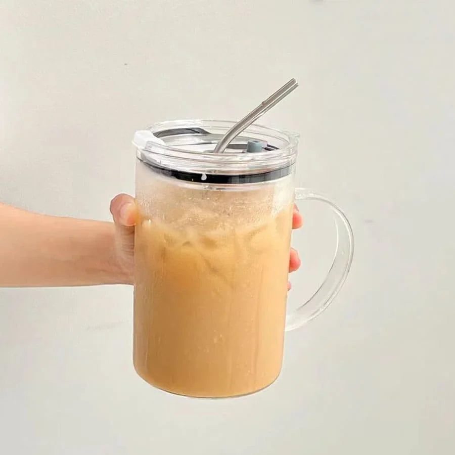 Transparent Glass Tumbler with Lid and Straw - Versatile Drinking Cup for Coffee, Juice, and Milk