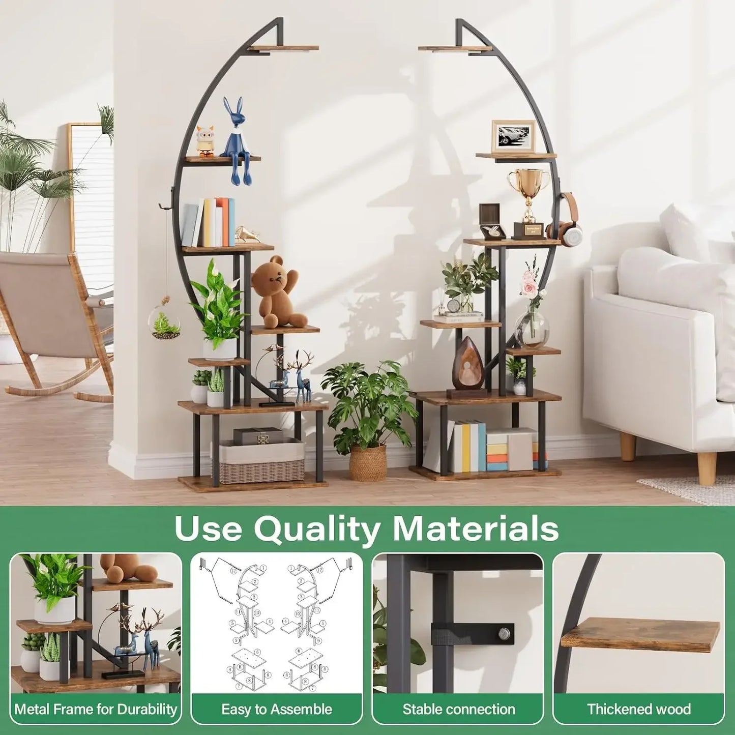64" Tall Arched Bookshelf with Lights - 2-Pack 7-Tier Ladder Bookcase for Home Office Storage & Display