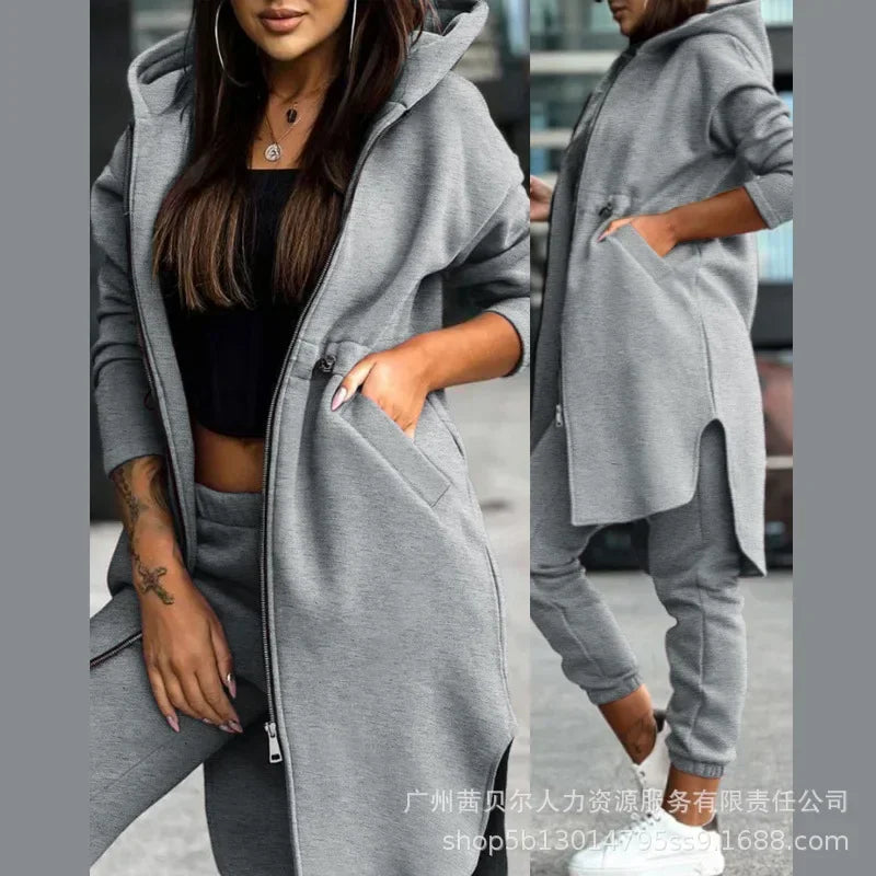 Autumn Winter Women's Hooded Jacket & Trousers Set – Casual Two-Piece Everyday Outfit