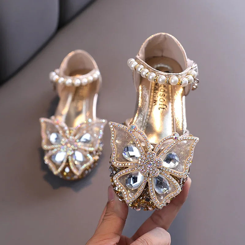 Girls Sequin Pearl Bow Princess Shoes - Elegant Party and Wedding Dance Shoes for Kids