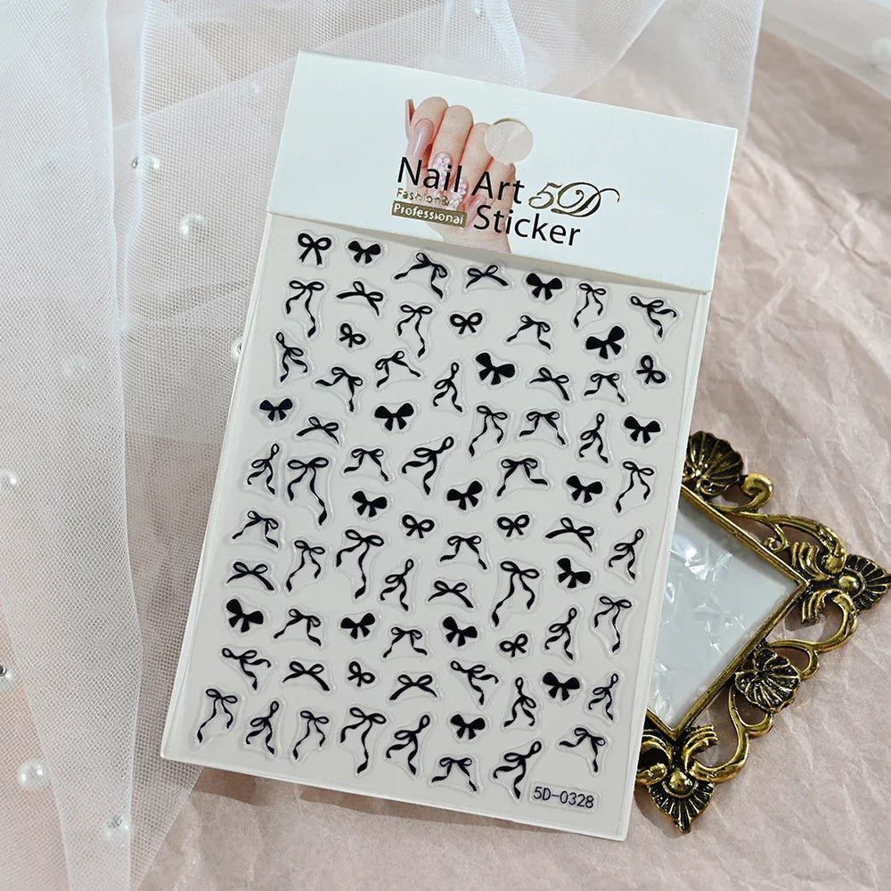 5D White Lace Bowknot Nail Art Stickers – Self-Adhesive Pearl Ribbon Luxury Nail Decals for DIY Manicure Decoration